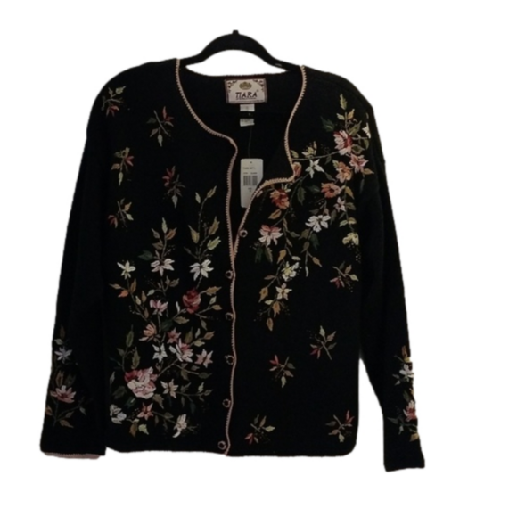 tiara international Sweaters - Tiara Int'l Black Button Cardigan Sweater w/ Floral Embroidery+ Beading, Medium